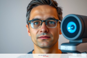 The image shows a man wearing glasses, looking directly at the camera. He is holding a camera with a blue light illuminated on it. The background is plain and nondescript.