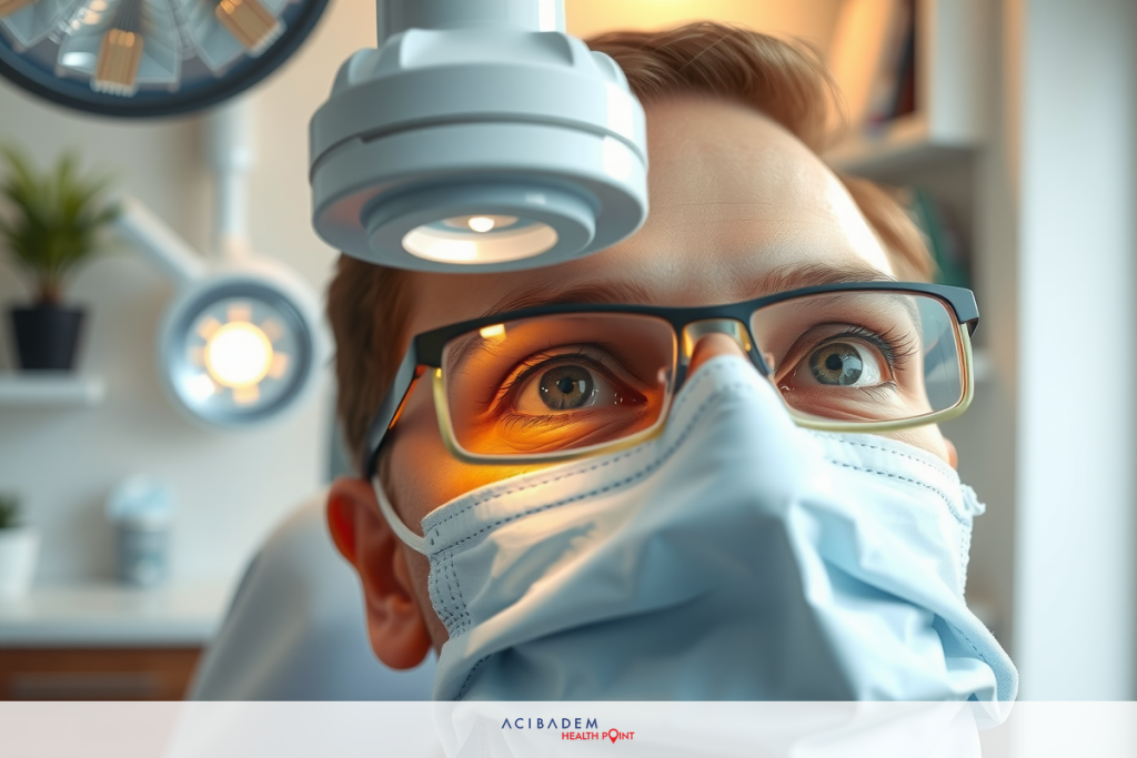 In the image, we see a doctor in his professional setting. He is wearing full surgical attire including a sterile mask, gloves, and scrubs. His head is positioned under the bright overhead light used for eye exams.