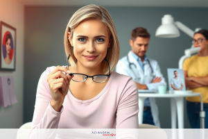 The image features a modern, well-lit office space. In the foreground, there's a blonde woman wearing glasses and a pink top, who appears to be the main subject.