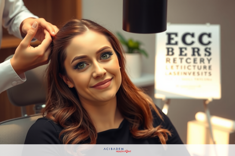 Can Laser Eye Surgery Cure Short Sightedness? A woman sitting at an eye examination, her hair styled in loose curls. She is smiling and looking to the side. The optician's hands are on her head, adjusting her spectacles with a professional demeanor.