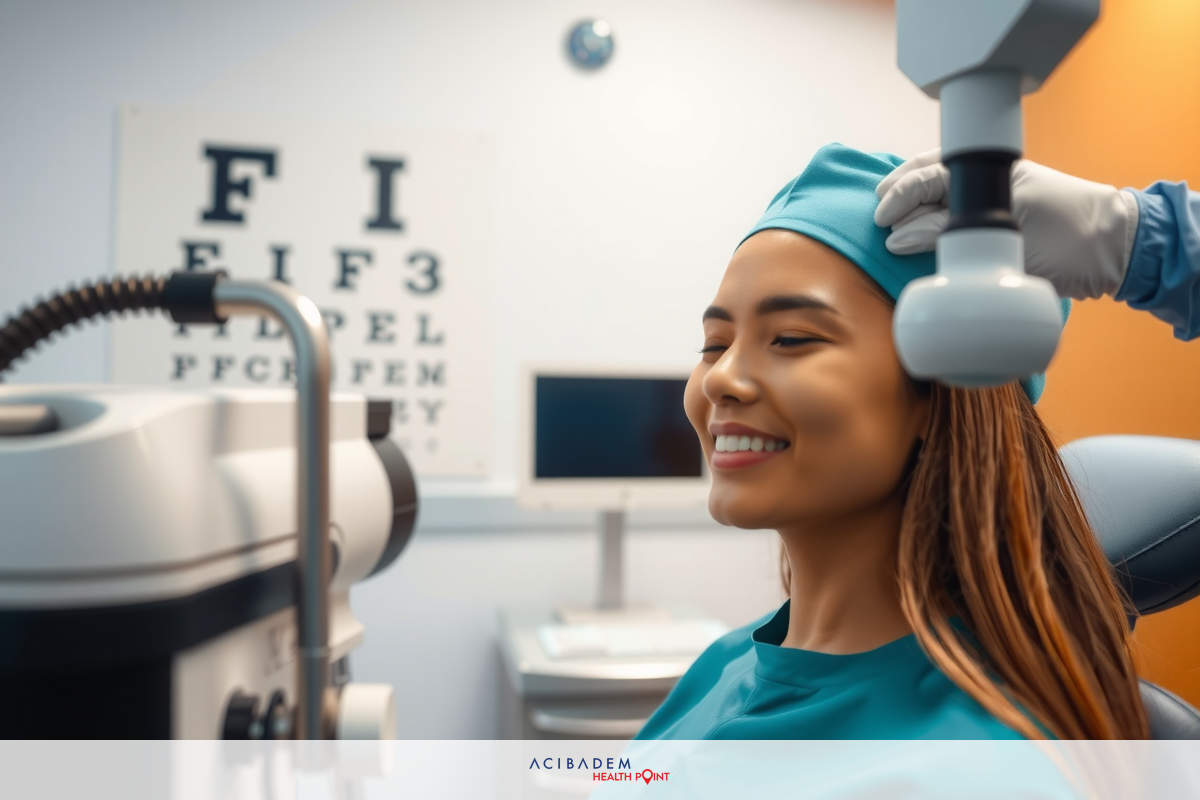 The image shows a medical setting, specifically an optometrist's office. A woman is seated in an examination chair with her head supported by a device that appears to be used for eye exams.