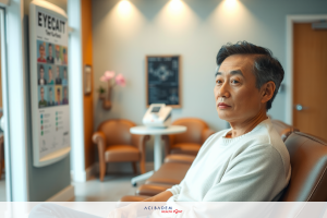 The image shows a man seated in what appears to be an optometry or eye care clinic. The man is wearing a light-colored sweater and has his legs crossed.