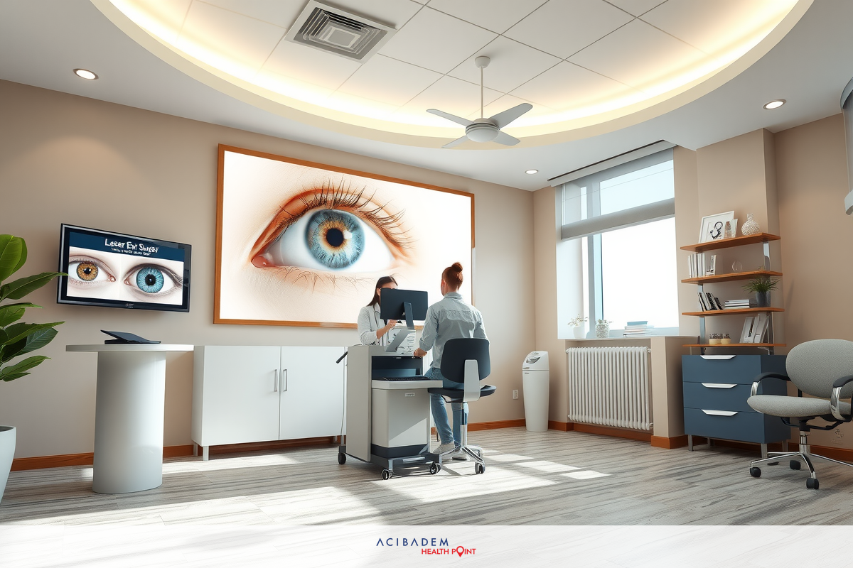 The image shows a modern optician's office with a large screen displaying an eye, possibly used for patient education or demonstration. The room is well-lit and equipped with contemporary furniture including a desk with a computer setup and a comfortable chair, suggesting a professional and inviting environment.