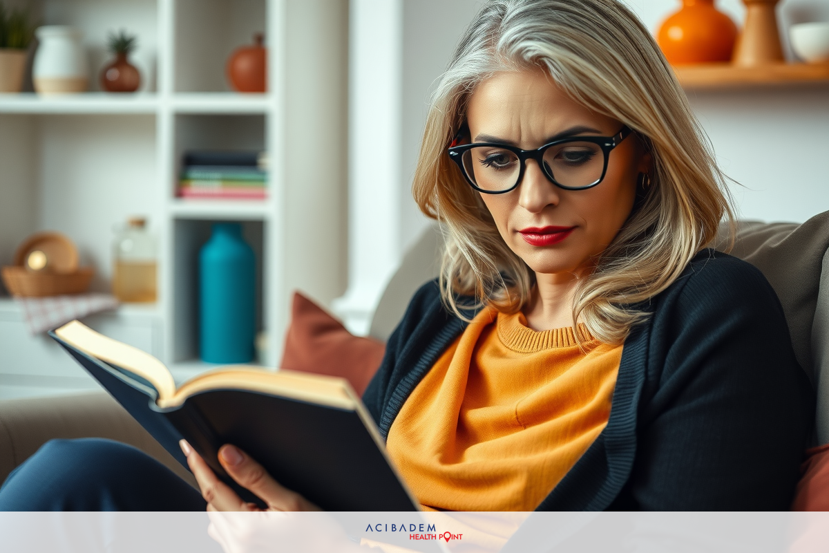 A woman in glasses sits on a couch, reading a book. The room is cozy and inviting with various items indicating a comfortable living space.