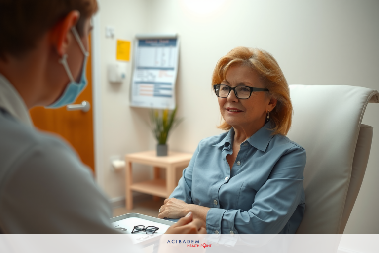 Can You Get Laser Eye Surgery After Cataract Surgery In a medical setting, an adult woman wearing glasses and a blue shirt is sitting on a chair. She appears to be receiving care or possibly undergoing a medical examination. A healthcare professional dressed in white is standing next to her, engaged in conversation or providing services.
