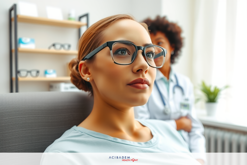 Can You Get Laser Eye Surgery If Pregnant The image depicts a medical setting where two individuals are engaged in an interaction. On the left, there is a woman with glasses sitting down and looking to her right. She appears to be involved in the consultation or discussion. To her right stands another person wearing medical attire, including scrubs, suggesting they could be a healthcare professional such as a nurse or doctor. The environment includes shelves in the background that might indicate an office or clinical setting.