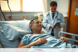 The image depicts a hospital setting with a male patient lying on a bed and a doctor standing beside him. The patient appears to be in some distress or discomfort, as indicated by his facial expression. The doctor is attentively examining the patient's condition.