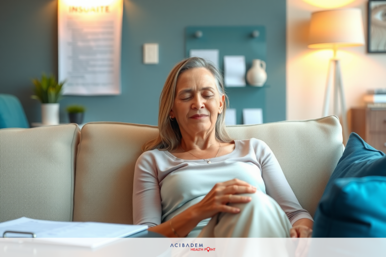 Can You Get Laser Eye Surgery If You Have Diabetes The image shows a woman seated comfortably on a sofa in an indoor setting. She appears relaxed, possibly taking a break or resting. The room is well-lit and has a modern decor with muted colors. The couch has a plush design and the background features elements of an office environment such as framed documents or artwork on the wall.