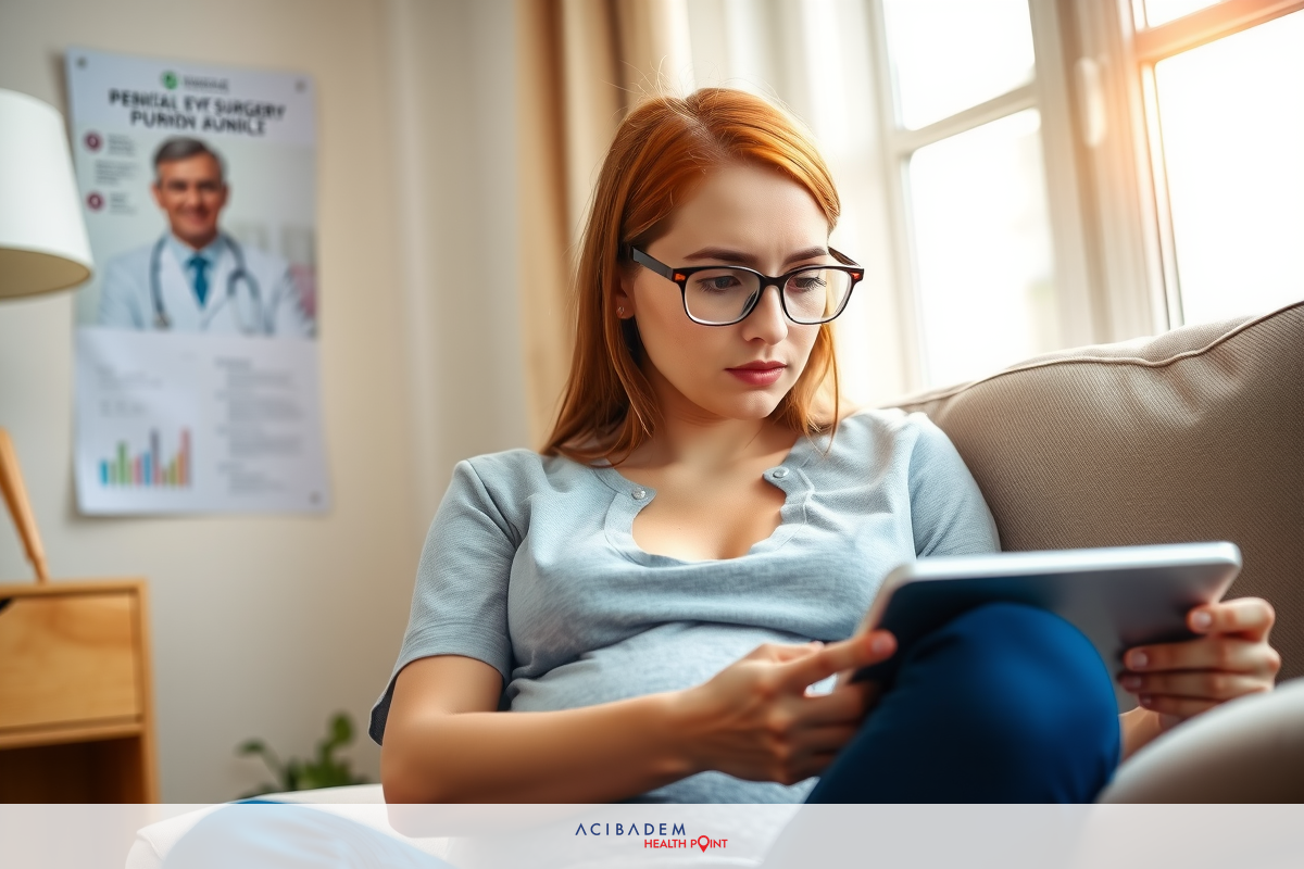 The image shows a pregnant woman sitting comfortably on a sofa. She is wearing glasses and appears busy with her tablet. The setting looks like a home environment, possibly a living room or study area. Her attire suggests a casual setting. The colors are soft with muted tones that give the image a warm and inviting feel.