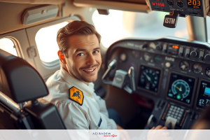 A pilot seated in the cockpit of an airplane, smiling at the camera with one hand on the steering wheel and the other resting on the control yoke. The dashboard displays various flight instruments.