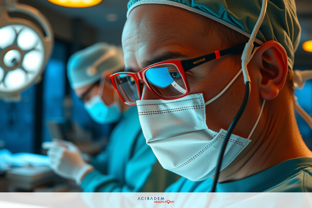 Can You Get Laser Eye Surgery With Lense Implants The image depicts an intensive care unit with medical professionals wearing surgical attire and masks. A man with red-framed glasses is at the forefront, seemingly looking out of a window or observing the scene. The environment suggests a high level of medical care and attention to detail.