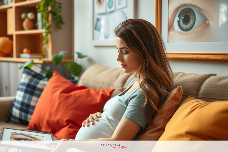 Can You Have Laser Eye Surgery When Your Pregnant The photo shows a woman sitting on a couch. She appears to be pregnant and is wearing a light-colored top. The couch has multiple pillows with various colors including blue, orange, and yellow. There's artwork hanging above the couch depicting an eye and part of a face. The setting suggests a comfortable and relaxed indoor environment.