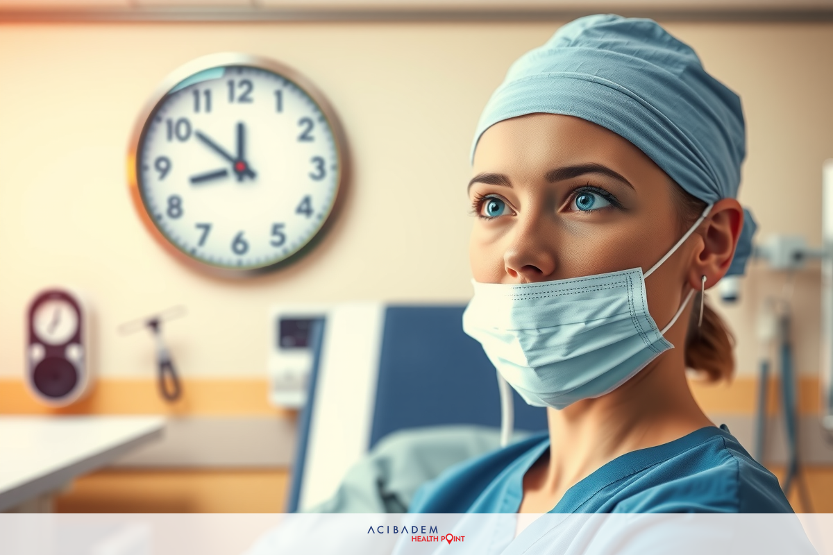 The image depicts a medical professional wearing scrubs and an operating mask in what appears to be an operating or intensive care unit. Person sitting, looking straight ahead with a focused expression on face, possibly focused on someone else. The overall context suggests a professional healthcare setting with a focus on patient care.