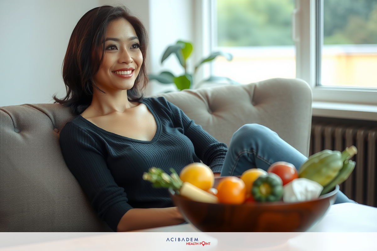 The image features a woman sitting on a sofa with a bowl of fruit and vegetables on the table in front of her. She is smiling and appears to be relaxed, possibly engaged in conversation or enjoying a casual moment at home. The setting seems to be indoors, likely a living room or similar domestic space.
