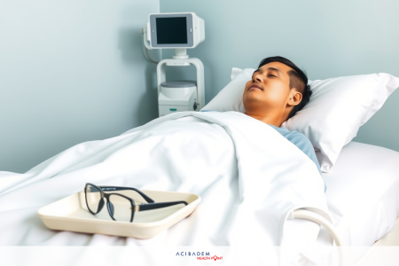 The image shows a man lying on a hospital bed. He appears to be in a medical facility with medical equipment visible around him, such as an ECG machine and a pulse oximeter. The environment suggests a clinical setting, likely for patient care or monitoring.