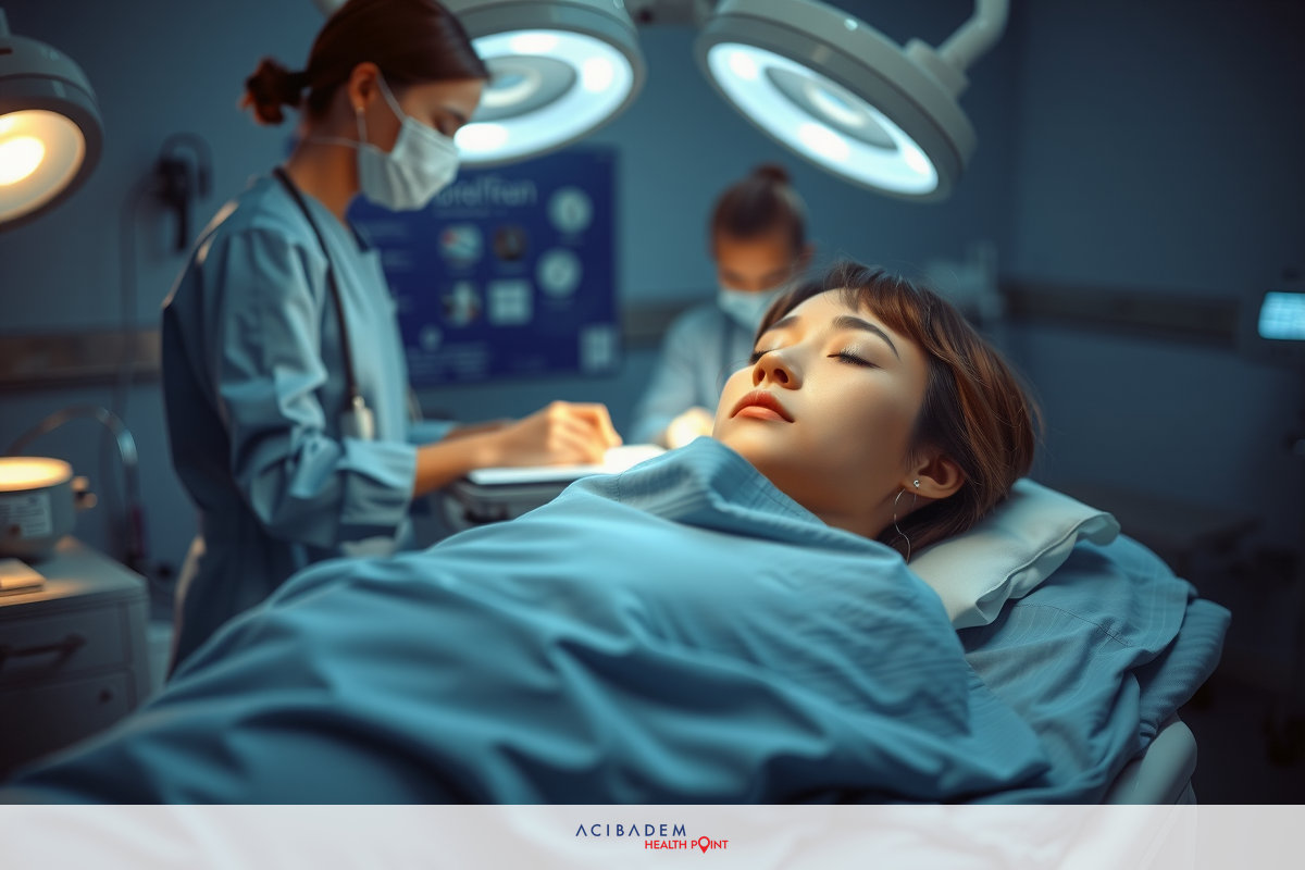 The image depicts a surgical scene with two medical professionals assisting a patient. The patient is lying on a hospital bed, covered in sterile medical drapes and positioned under bright operating lights.