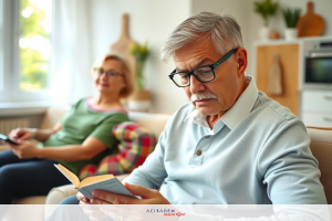 A man and woman are sitting on a couch in a cozy living room. The man is reading a book while the woman watches him. They both appear to be enjoying their leisure time at home.