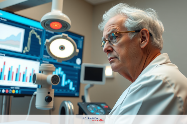 An elderly man, possibly a doctor or scientist, is seated at a workstation. He appears focused on multiple computer monitors displaying graphs and data. The room has a sterile, clinical atmosphere with various medical equipment visible around him.