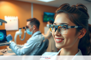 Smiling woman wearing eyeglasses and lab coat, looking towards camera. Behind her is a male scientist in white lab coat working on a computer at a desk. Both are in a well-lit, modern lab setting with technology equipment visible.