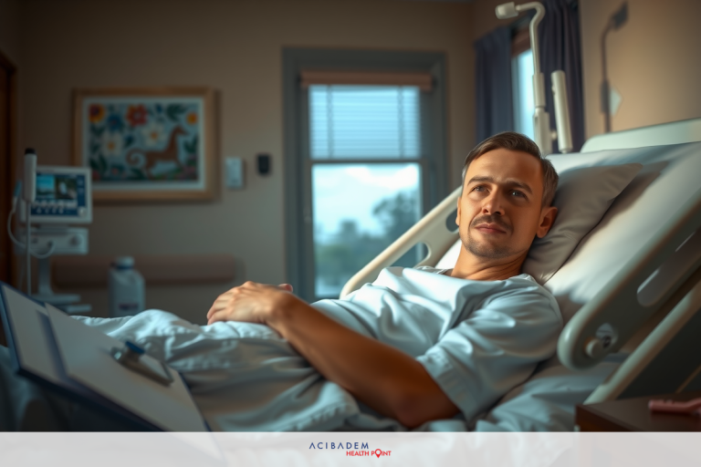 Does Laser Eye Surgery Lower Darkvision? The image depicts a man lying in a hospital bed, appearing to be resting or possibly recovering from an illness or injury. The patient is wearing a white hospital gown and there are various medical devices around the room such as a heart rate monitor and an IV stand. The environment suggests a clinical setting with bright natural light coming through the window.