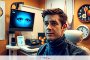 A man is seated at a desk with multiple screens displaying digital interfaces, possibly indicating that he is in a control center or a high-tech workspace.