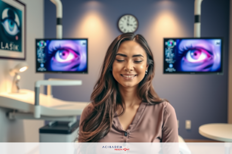 The image features a smiling woman seated in what appears to be an optometry office. She is wearing a brown top and has her eyes closed. The room is well-lit with several computer monitors displaying images of eyes and possibly related medical information.