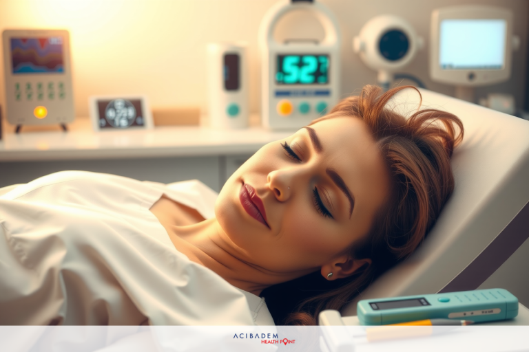 Does Laser Eye Surgery Requires Anesthesia The image shows a woman lying in a hospital bed with her eyes closed, suggesting she might be resting or sleeping. There are various medical devices around her, including what appears to be an ECG monitor and a blood pressure cuff, indicating that she is being closely monitored for health reasons.