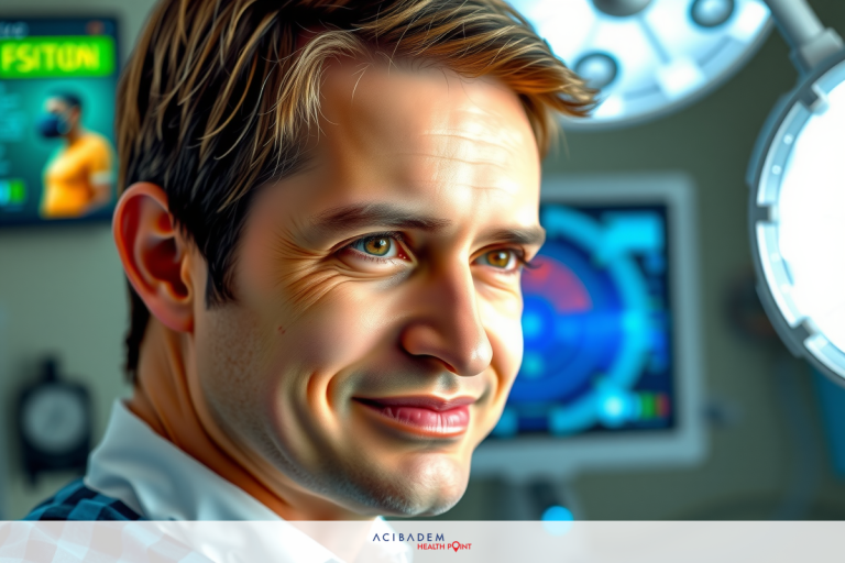 In the image, a man with blonde hair is smiling. He appears to be a doctor or a medical professional due to his attire and the setting. He is in an operating room, as indicated by the surgical lights overhead and the monitors displaying patient information. The colors are sterile whites, blues from the screens, and the man's scrubs contrast with the environment.