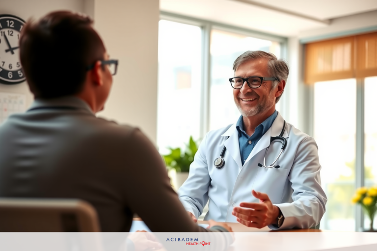 The image shows a professional setting with two individuals. One person is wearing glasses and a doctor's coat, suggesting they are a medical professional. The other individual appears to be a patient or visitor. They are seated across from each other at a desk, engaged in what seems to be a conversation. The environment includes typical office decor such as plants and clock on the wall.