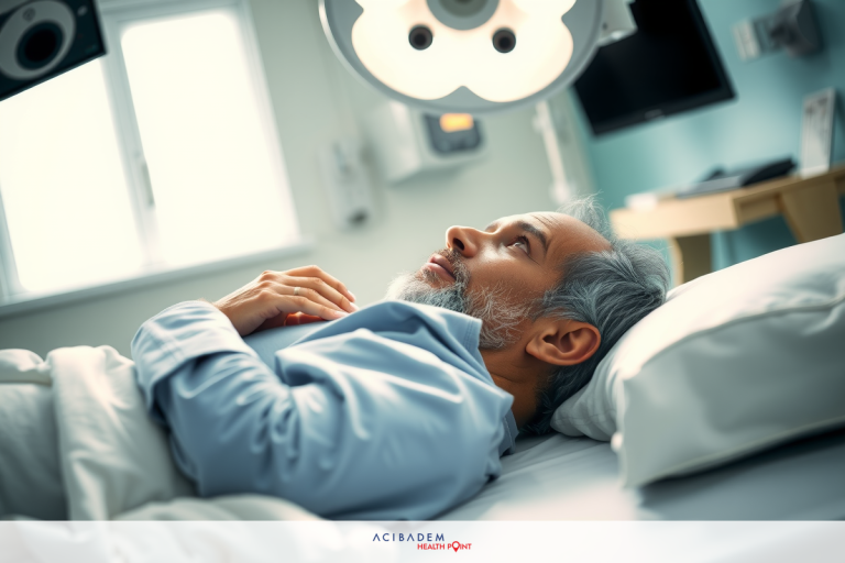 This image captures a medical setting with a patient lying in a hospital bed. The patient appears to be undergoing some sort of procedure or treatment, as suggested by the medical equipment present around him.
