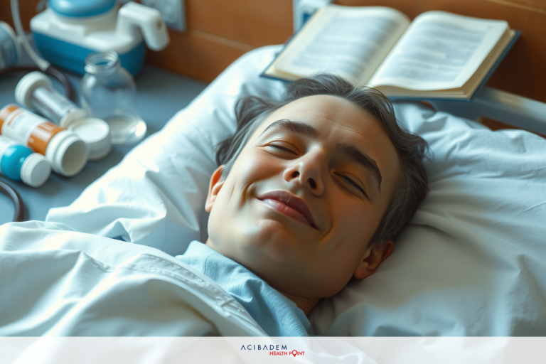Image shows a smiling person lying on a hospital bed, with medical equipment and supplies surrounding them. The individual appears relaxed and at ease in their environment.
