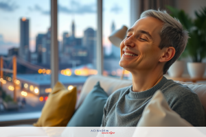 Smiling man sitting on couch at sunset, looking out over city skyline. His expression is joyful, with eyes closed and head turned upwards as if he is enjoying the moment.