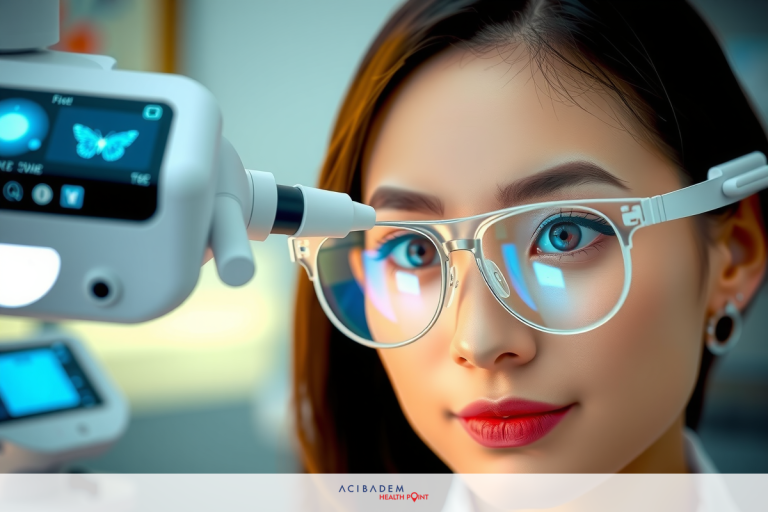 The image shows a woman wearing glasses and focusing intently on something in front of her, which appears to be an optical device.