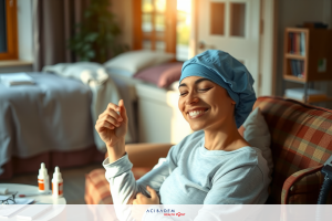 The image depicts a smiling woman in a medical setting, likely at home. There are various items around her such as bottles and books that indicate she may be self-isolating or undergoing treatment for an illness.