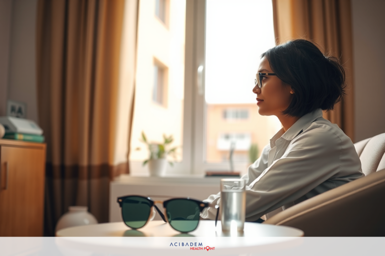 How Much Does Eye Laser Surgery Cost in India A woman in a white jacket and sunglasses is seated on a beige sofa, looking out of the window onto an urban street scene.