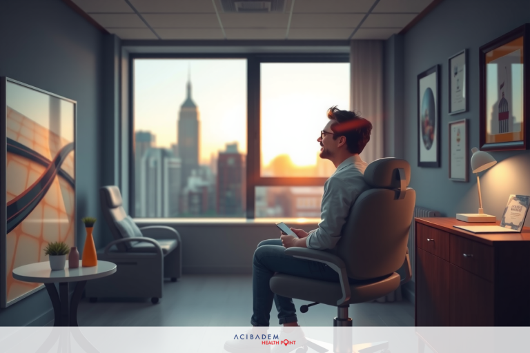 A man sitting in a well-lit modern office with large windows, looking out at the city skyline during sunset. The office has contemporary furnishings and decor.