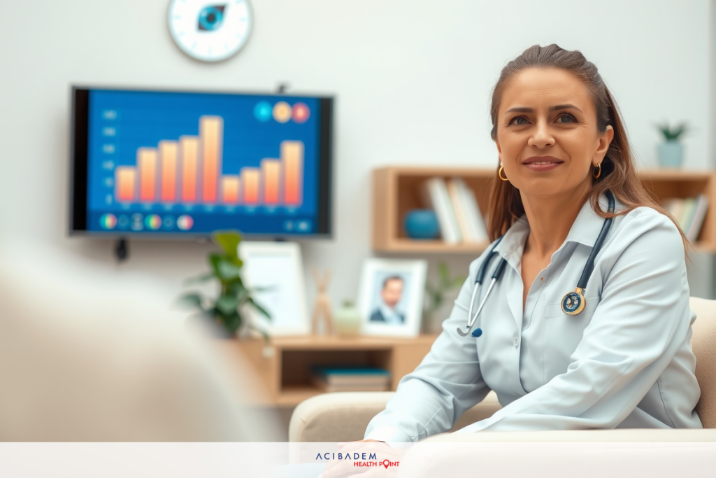In the image, there's a woman seated at a couch in an office setting. She is wearing a light white shirt. There are charts on the monitor behind her, which suggest that this could be a workspace for data analysis or reporting. The overall scene conveys a professional environment.