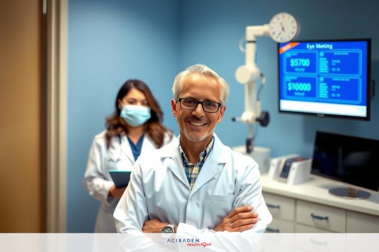 Two medical professionals stand in a modern eye clinic. A male doctor with glasses is in the foreground, smiling at the camera; he is wearing a white lab coat. Behind him, a woman in a doctor's uniform is also smiling; one has short hair, the other has long hair; both are wearing white coats. The clinic has a monitor showing medical information and a modern eye exam chair is visible in the background.