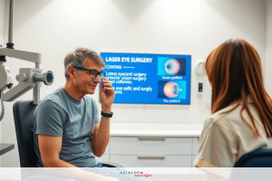 Two individuals in a medical office. An older man is sitting and talking on his phone while a woman, presumably a receptionist or healthcare professional, stands nearby.