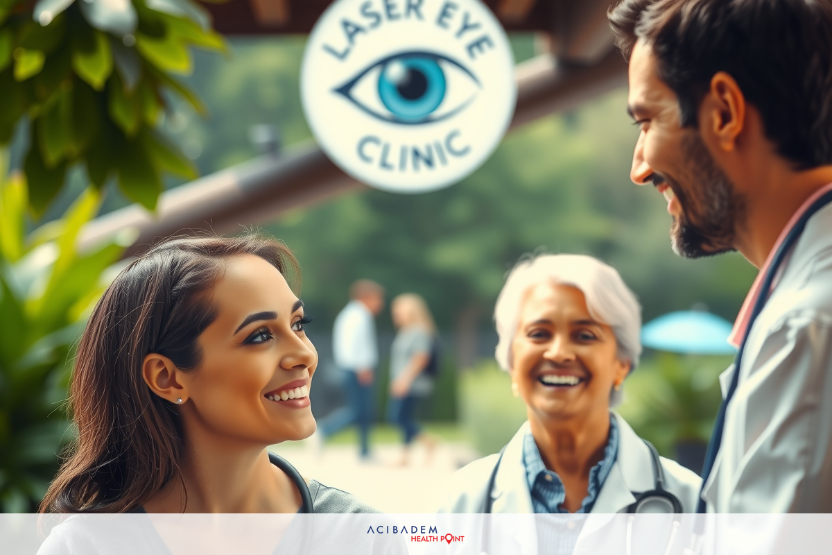 The image shows an outdoor scene where a woman is interacting with a man, likely in a casual social setting. The background suggests it could be near a clinic or a health-related facility indicated by the sign that reads 'LASER EYE CLINIC'. There are other people in the periphery of the image, which indicates this might be a public area or a location where the clinic is located within a commercial complex. The colors and lighting suggest it is a daytime scene with good natural light. The overall atmosphere appears friendly and engaging.