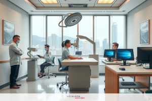 This is a photo of a modern medical office. The setting includes several medical professionals handling tasks such as patient consultations and examinations with equipment such as computers, medical monitors, and special patient chairs. The room has large windows that offer views of a city skyline under a clear blue sky.