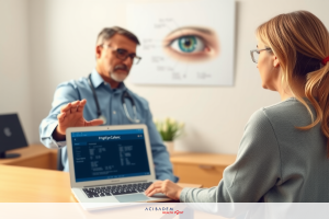 A medical professional, possibly a doctor, is explaining information on the laptop screen to a patient. The patient appears engaged in the discussion. Both individuals are seated at a desk with a desktop computer and other medical-related posters and literature in the background.