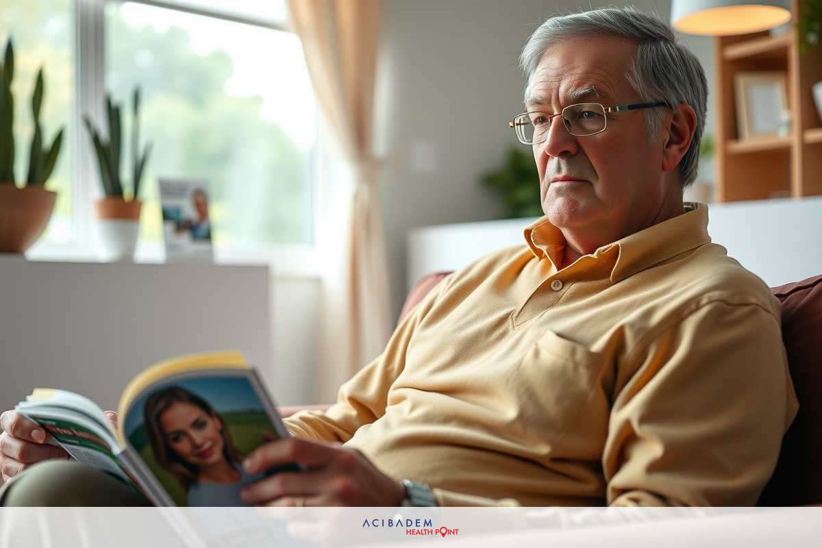 This is a photograph of an elderly man sitting in a living room, engrossed in reading a magazine. The man has a serious expression on his face and appears to be wearing glasses. The room around him is well-lit with natural light coming from the window behind him.