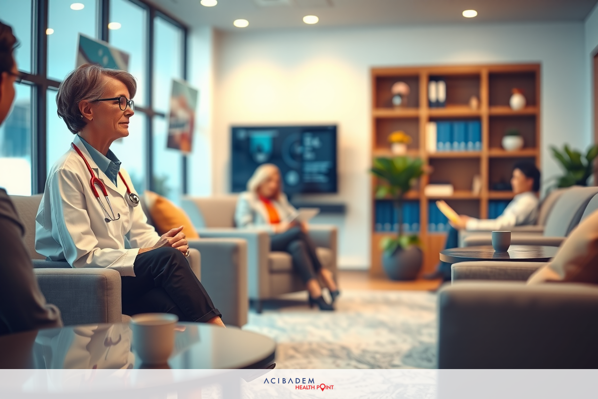 This is a photo of an office meeting. In the middle, there is a woman wearing a white lab coat and a stethoscope around her neck, indicating that she may be a doctor. There are three other people sitting in chairs; one also wears glasses and appears to be part of the conversation.