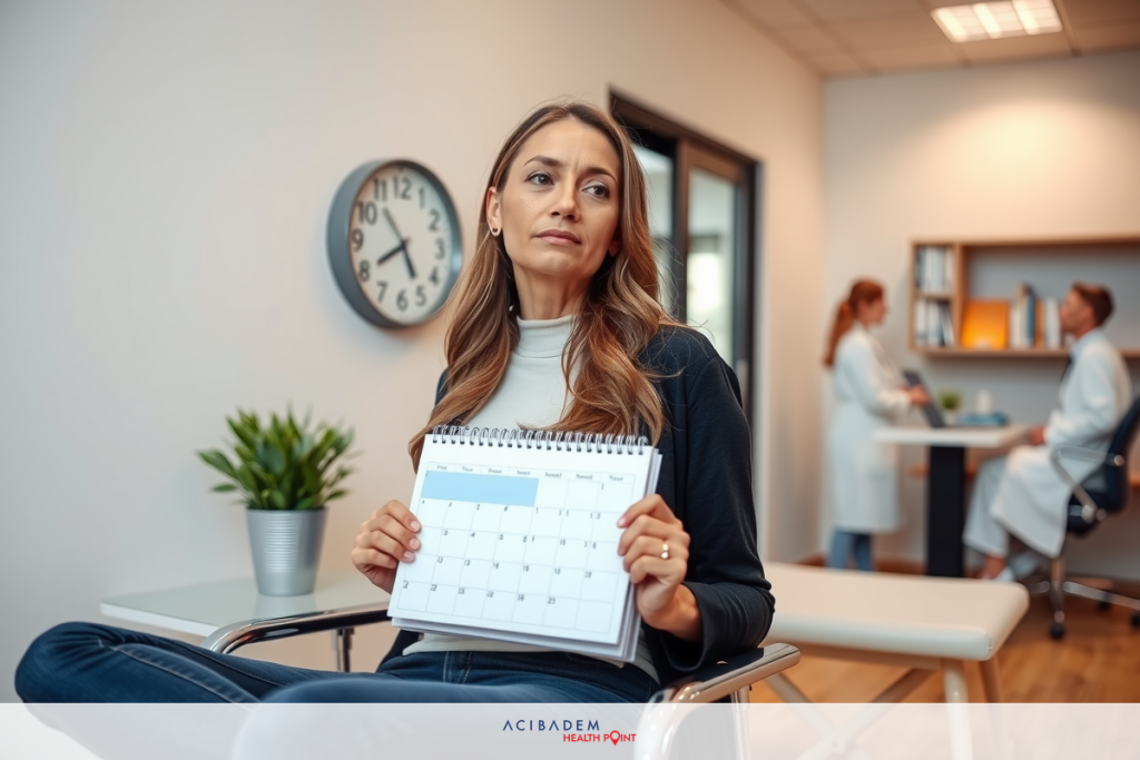 A woman in a professional setting holds a calendar, looking at it with focus and concern. Nearby is a potted plant, a clock on the wall. In the background are two office workers, presumably a doctor, interacting.