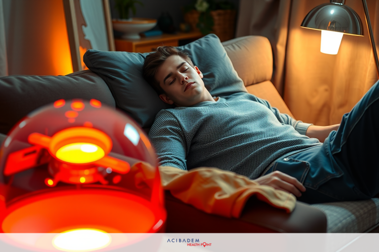 This is a photograph of a young man peacefully sleeping on a couch with warm, ambient lighting. The room has cozy furnishings and softly glowing lights that create a tranquil atmosphere.