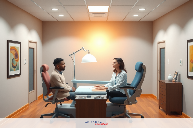 The image shows a man and woman sitting opposite each other at a desk in an office environment. They are engaged in conversation. The room has a neutral color palette with soft lighting, and there's artwork on the wall.