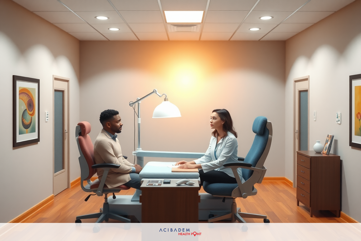 The image shows a man and woman sitting opposite each other at a desk in an office environment. They are engaged in conversation. The room has a neutral color palette with soft lighting, and there's artwork on the wall.
