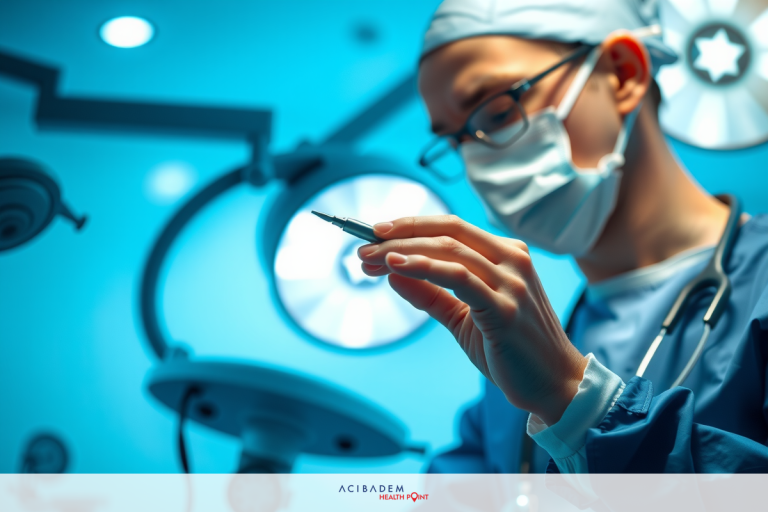 How to Choose the Best Laser Eye Surgery Procedure Surgeon in sterile environment wearing surgical mask, holding surgical instrument in hand, with medical equipment such as operating light and anesthesia machines around. The image is high resolution, clear, and well-lit with professional lighting.