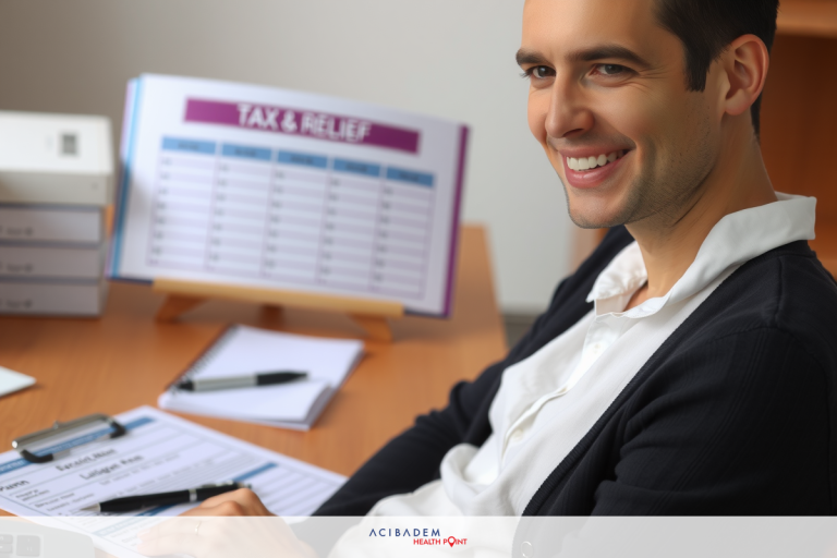 How to Claim Tax Back on Laser Eye Surgery Young man sitting at a desk with a smile on his face, working on paperwork. Office setting with organized books and papers on the shelf behind him.